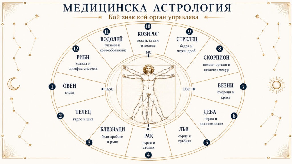 Медицинска астрология – зодиакален кръг с органите, управлявани от всеки знак
