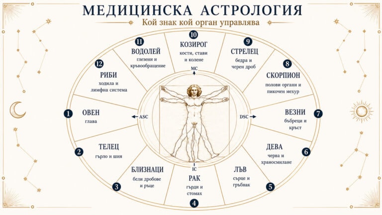 Медицинска астрология – зодиакален кръг с органите, управлявани от всеки знак