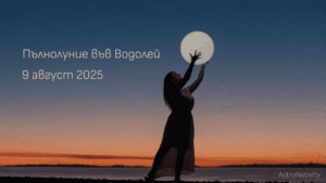 Пълнолуние август 2025 - жена силует с вдигнати ръце към пълната луна на залез