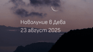 Новолуние в Дева на 23 август 2025 - тънък лунен сърп над планински пейзаж в лилаво-розов залез