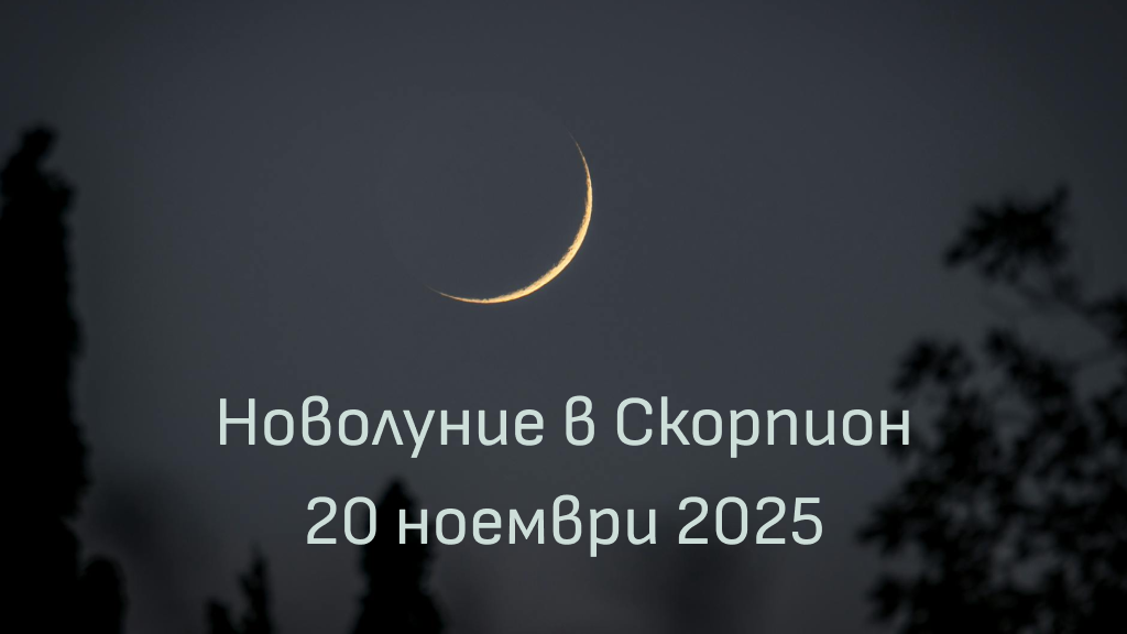 Новолуние в Скорпион – тъмен лунен сърп над нощно небе, символ на вътрешна трансформация