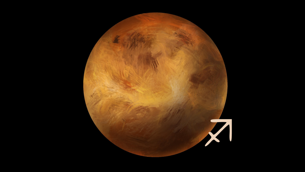 Планетата Венера със символа на Стрелец – визуализация за транзита Венера в Стрелец 2025