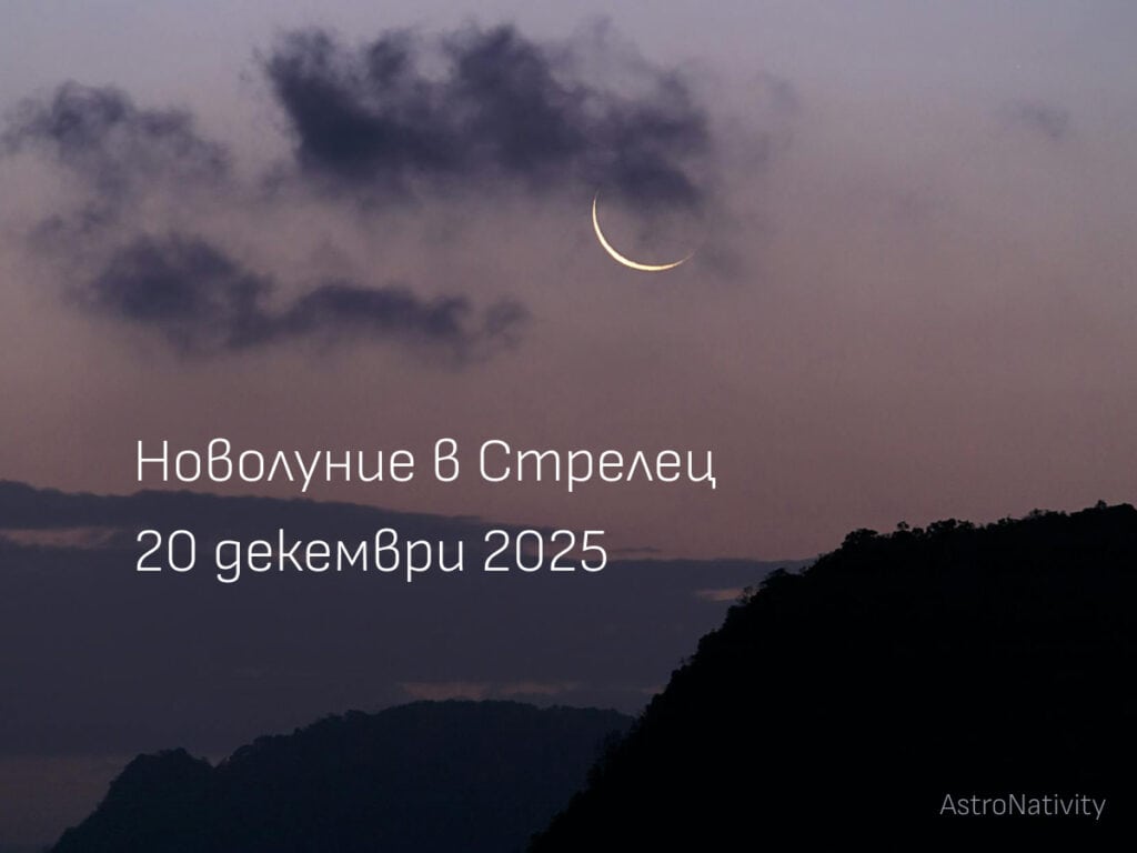 Новолуние в Стрелец на 20 декември 2025 – тънък лунен сърп над нощен пейзаж
