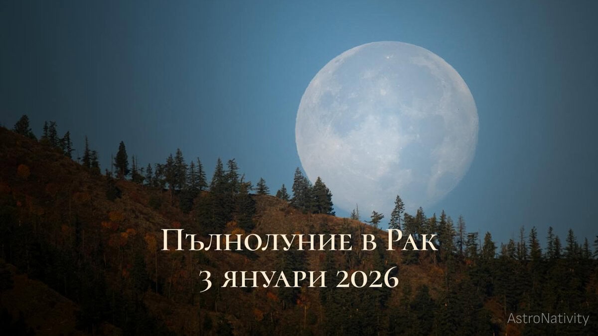 Пълна Луна над горист хълм при вечерно небе, илюстрираща Пълнолуние в Рак на 3 януари 2026