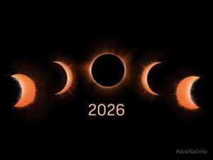 Илюстрация на слънчеви затъмнения и фазите им през 2026 година